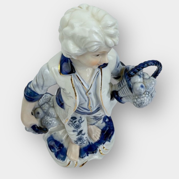 Vintage Blue White Porcelain Figurine Boy Carrying Two Fruit Baskets Gold Trim - Picture 6 of 15